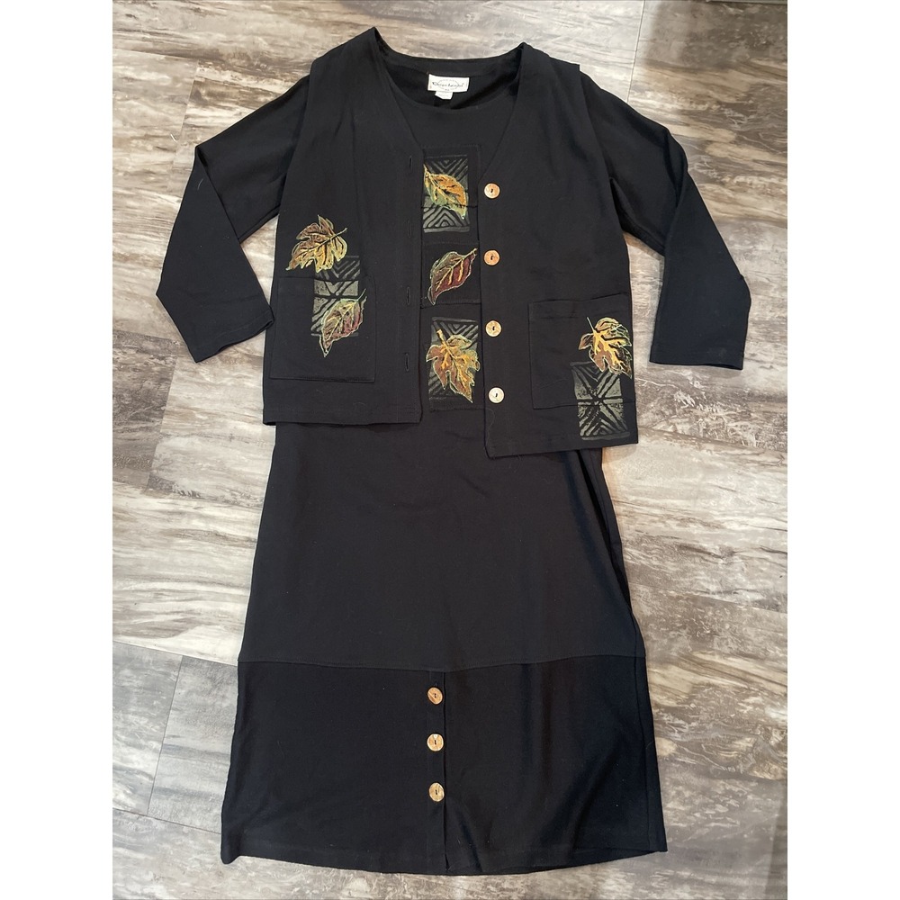 Design Limited womens small 2 piece Black dress W Vest Fall leaves Design